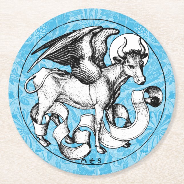 15th Century St Luke's Emblem Winged Bull Round Paper Coaster (Front)