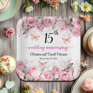 15th Crystal Wedding Anniversary Blush Roses Paper Plate