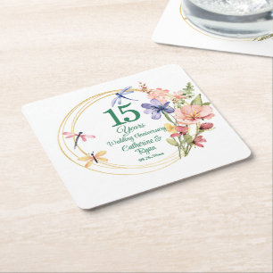 15th Crystal Wedding Anniversary Gold Frame Floral Square Paper Coaster