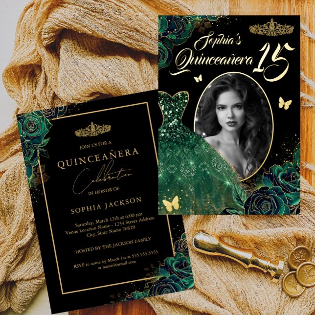 15th Emerald Green Gold Photo Quinceanera Foil Inv (Creator Uploaded)