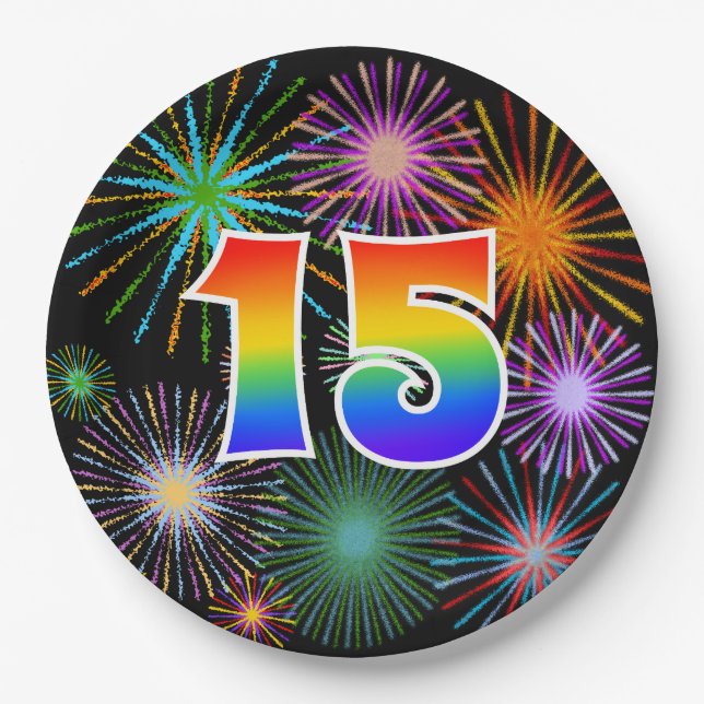 15th Event - Fun, Colourful, Bold, Rainbow 15 Paper Plate (Front)
