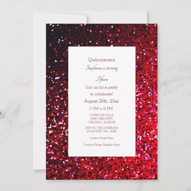 15th Fifteenth Birthday Burgundy Red Glitter Ombre Invitation (Front)