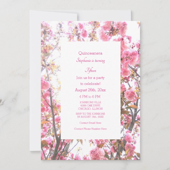 15th Fifteenth Birthday Pink Cherry Blossom Floral Invitation (Front)