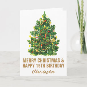 15th Happy Birthday and Merry Christmas Tree Card