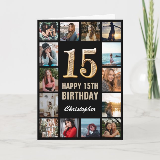 15th Happy Birthday Black and Gold Photo Collage Card (Front)
