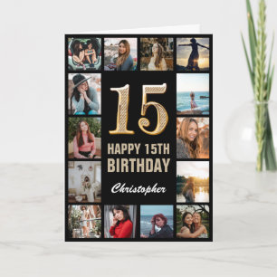 15th Happy Birthday Black and Gold Photo Collage Card