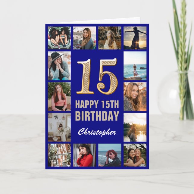 15th Happy Birthday Navy Blue & Gold Photo Collage Card (Front)