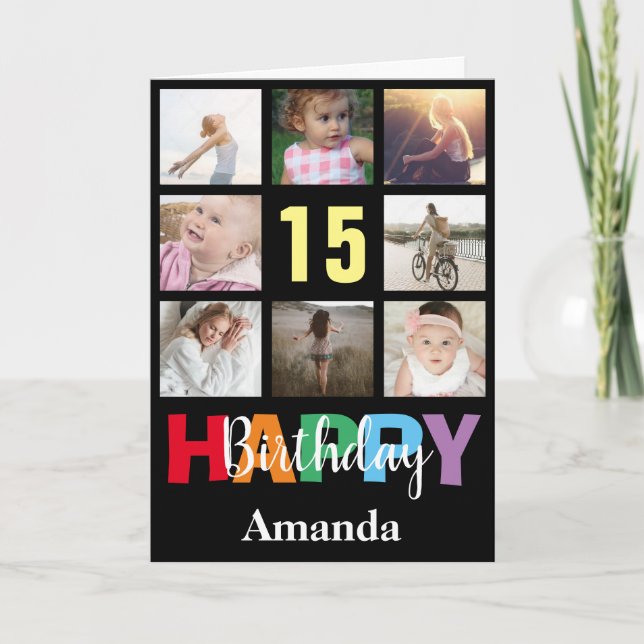 15th Happy Birthday Photo Collage Modern Black Card (Front)
