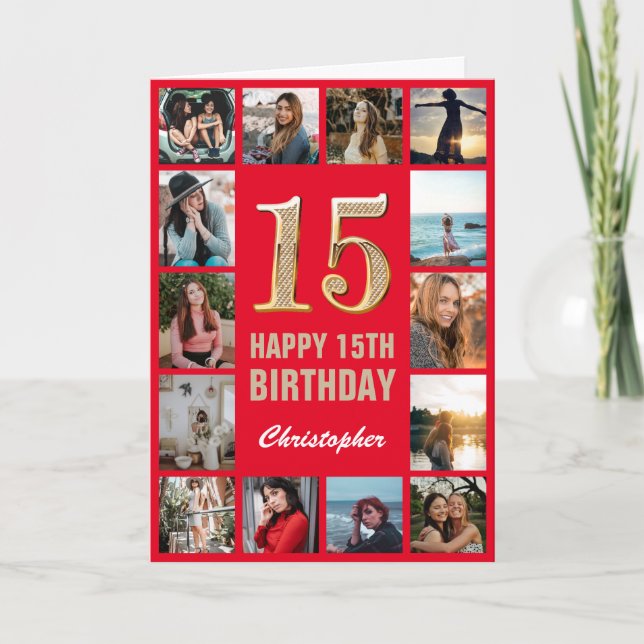 15th Happy Birthday Red and Gold Photo Collage Card (Front)