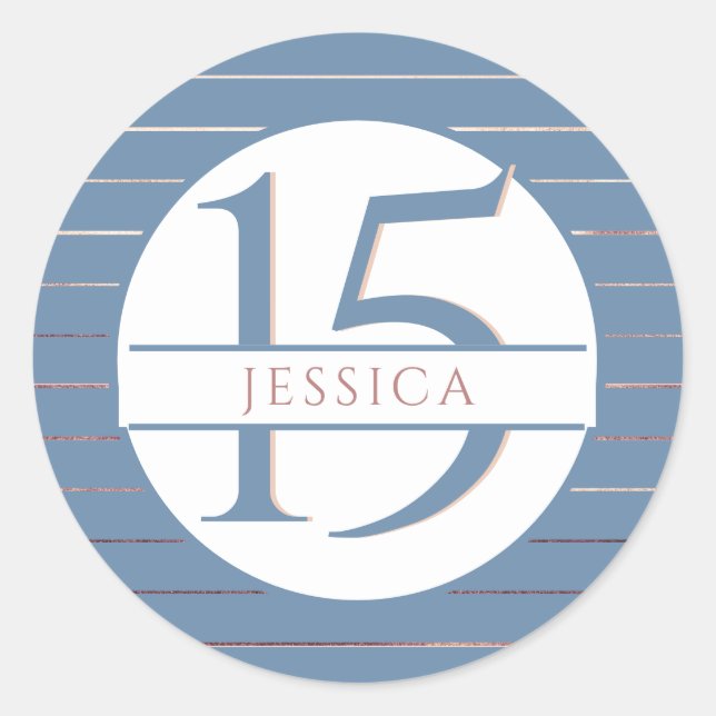 15th (or other) Birthday, Blue and Rose Gold Classic Round Sticker (Front)
