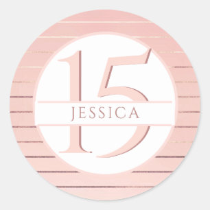 15th (or other) Birthday, Pink Gold Stripes Classic Round Sticker