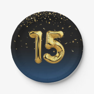 15th Party Balloons And Gold Confetti Paper Plate