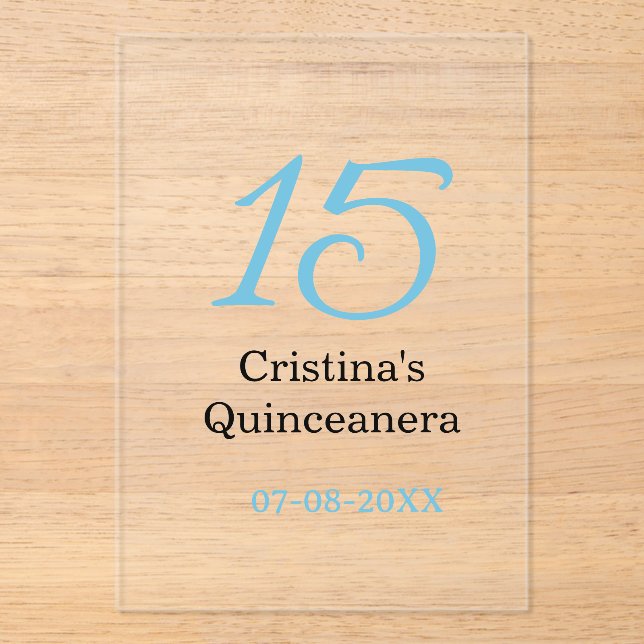 15th quinceanera birthday blue black bold letter n acrylic invitations (Front)