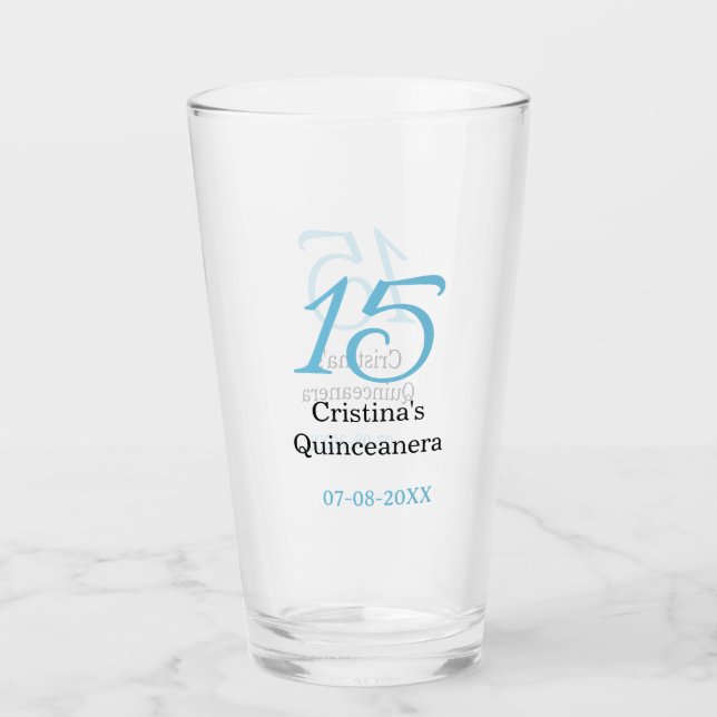 15th quinceanera birthday blue black bold letter n glass (Front)