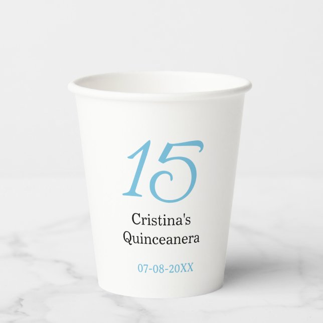 15th quinceanera birthday blue black bold letter n paper cups (Front)
