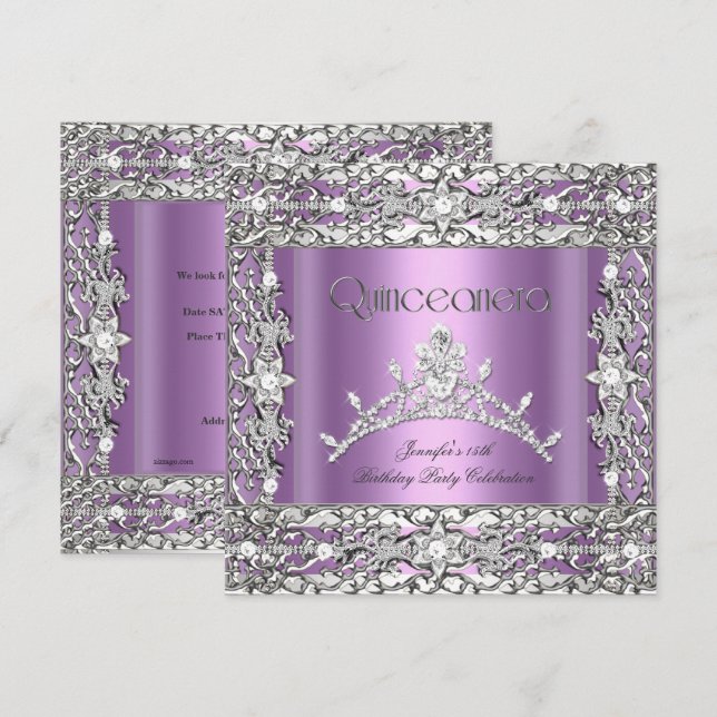 15th Quinceanera Birthday Party Lilac Tiara Invitation (Front/Back)