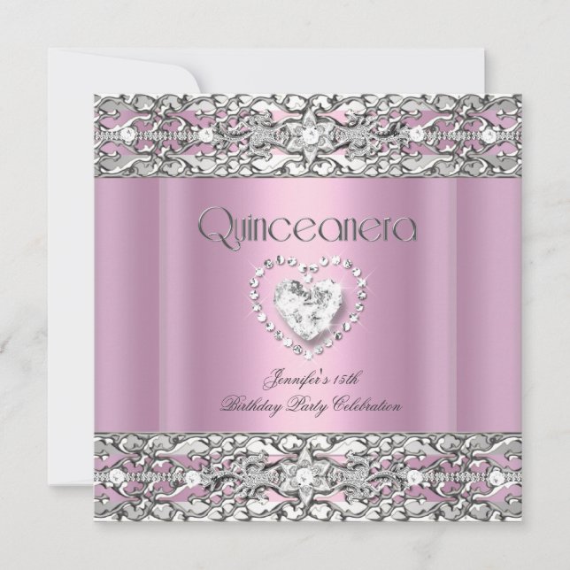 15th Quinceanera Birthday Party Pink Silver Invitation (Front)