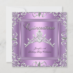 15th Quinceanera Birthday Party Silver Lilac Tiara Invitation