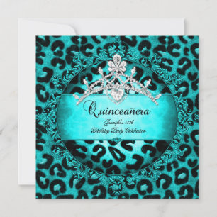 15th Quinceanera Leopard teal blue Tiara Invitation