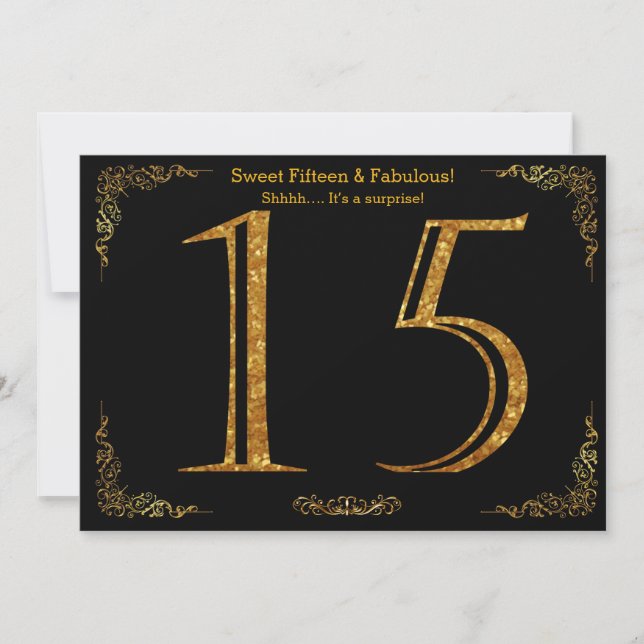15th, Sweet Fifteen, Birthday party,black glitter Invitation (Front)