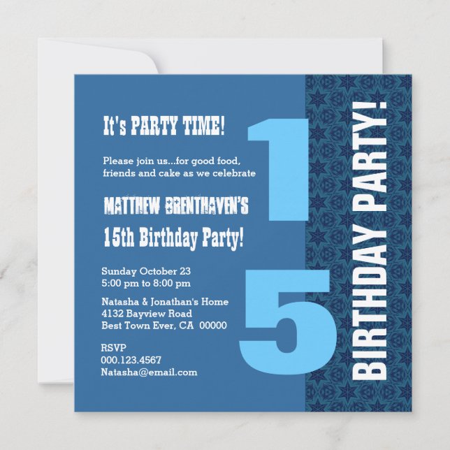15th TEEN Birthday Modern Navy Blue Stars T7B Invitation (Front)