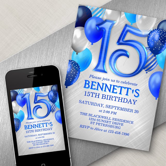 15th Teen Boy Blue Birthday Invitation (Creator Uploaded)