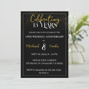 15th Wedding Anniversary Black Gold Couple Invitation