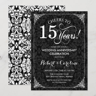 15th Wedding Anniversary - Black White Damask Invitation