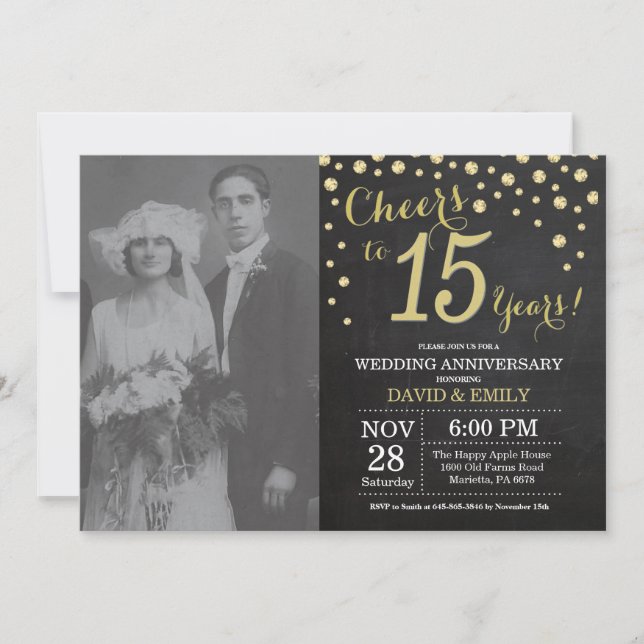 15th Wedding Anniversary Chalkboard Black and Gold Invitation (Front)