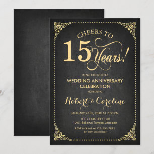 15th Wedding Anniversary - Chalkboard Gold Invitation