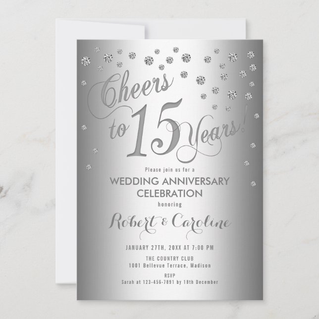 15th Wedding Anniversary - Elegant Silver White Invitation (Front)