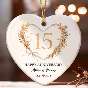 15th Wedding Anniversary Gold Hearts Couple Photo  Ornament