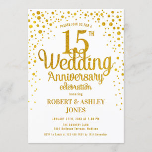 15th Wedding Anniversary - Gold & White Invitation