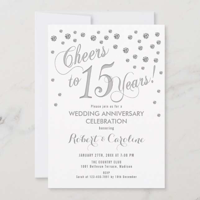 15th Wedding Anniversary Invitation - Silver White (Front)