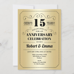 15th Wedding Anniversary Party - Gold Black Invitation