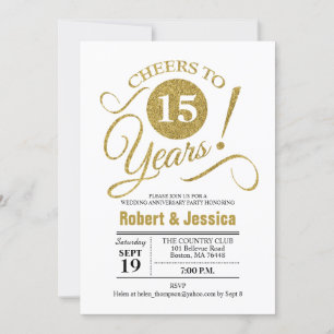 15th Wedding Anniversary Party - Gold White Invitation