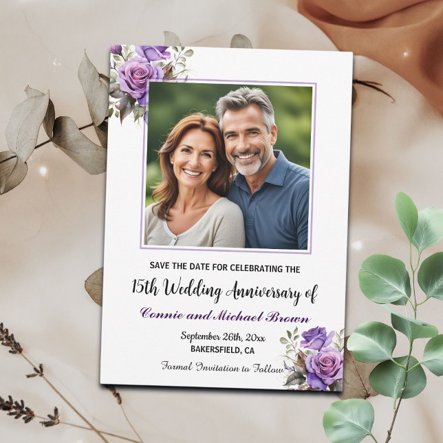 15th Wedding Anniversary Purple Roses Photo Save The Date (Creator Uploaded)