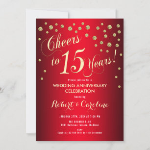 15th Wedding Anniversary - Red & Gold Invitation