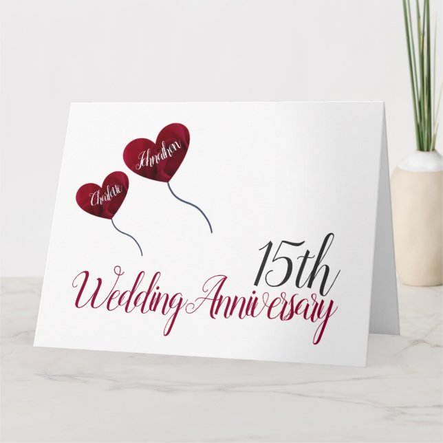 15th Wedding Anniversary red rose balloon large Card (Front)