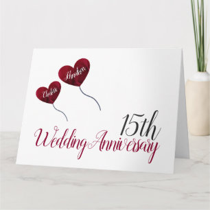 15th Wedding Anniversary red rose balloon large Card