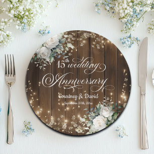 15th Wedding Anniversary Rustic String Lights  Paper Plate