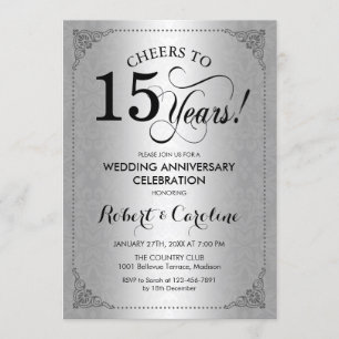 15th Wedding Anniversary - Silver Black Damask Invitation