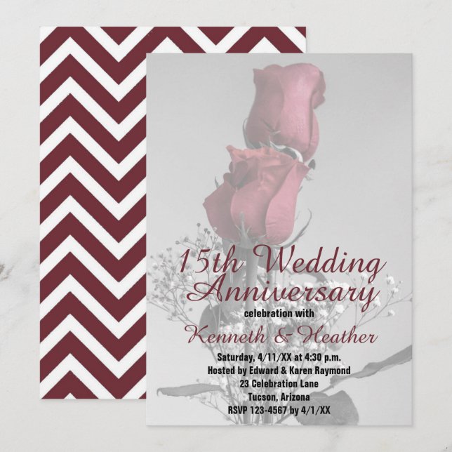 15th Wedding Anniversary Two Red Roses Photograph Invitation (Front/Back)