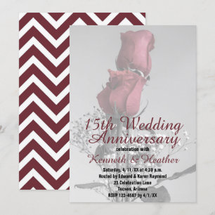 15th Wedding Anniversary Two Red Roses Photograph Invitation
