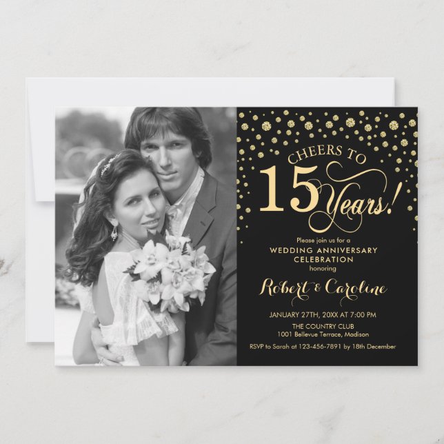 15th Wedding Anniversary with Photo - Gold Black Invitation (Front)
