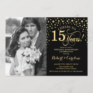 15th Wedding Anniversary with Photo - Gold Black Invitation