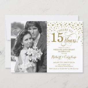 15th Wedding Anniversary with Photo - Gold White Invitation