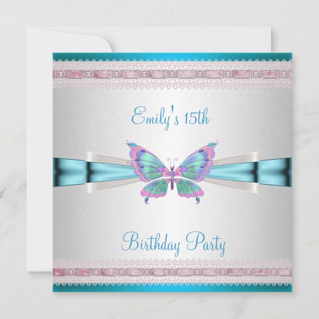 15th White Teal Blue Pink Butterfly Birthday Invitation (Front)