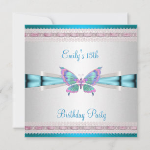 15th White Teal Blue Pink Butterfly Birthday Invitation