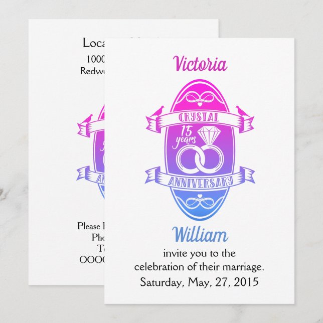 15th Year traditional crystal wedding anniversary Invitation (Front/Back)